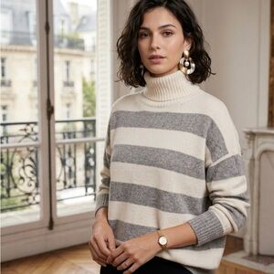 Calvin Klein Collection Cream and Gray Striped Turtleneck Sweater